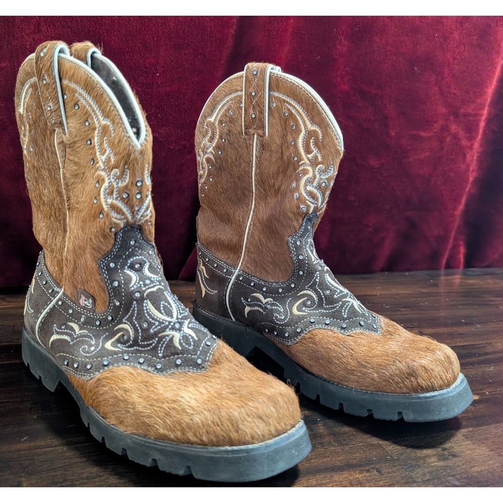 Justin Women's L8036 Cowhide Hair On Hide Rhinestone Western Boots Brown Size 9B
